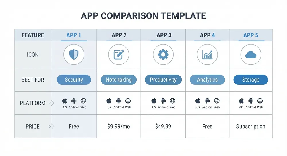 Quick comparison chart of the best productivity apps by price and platform